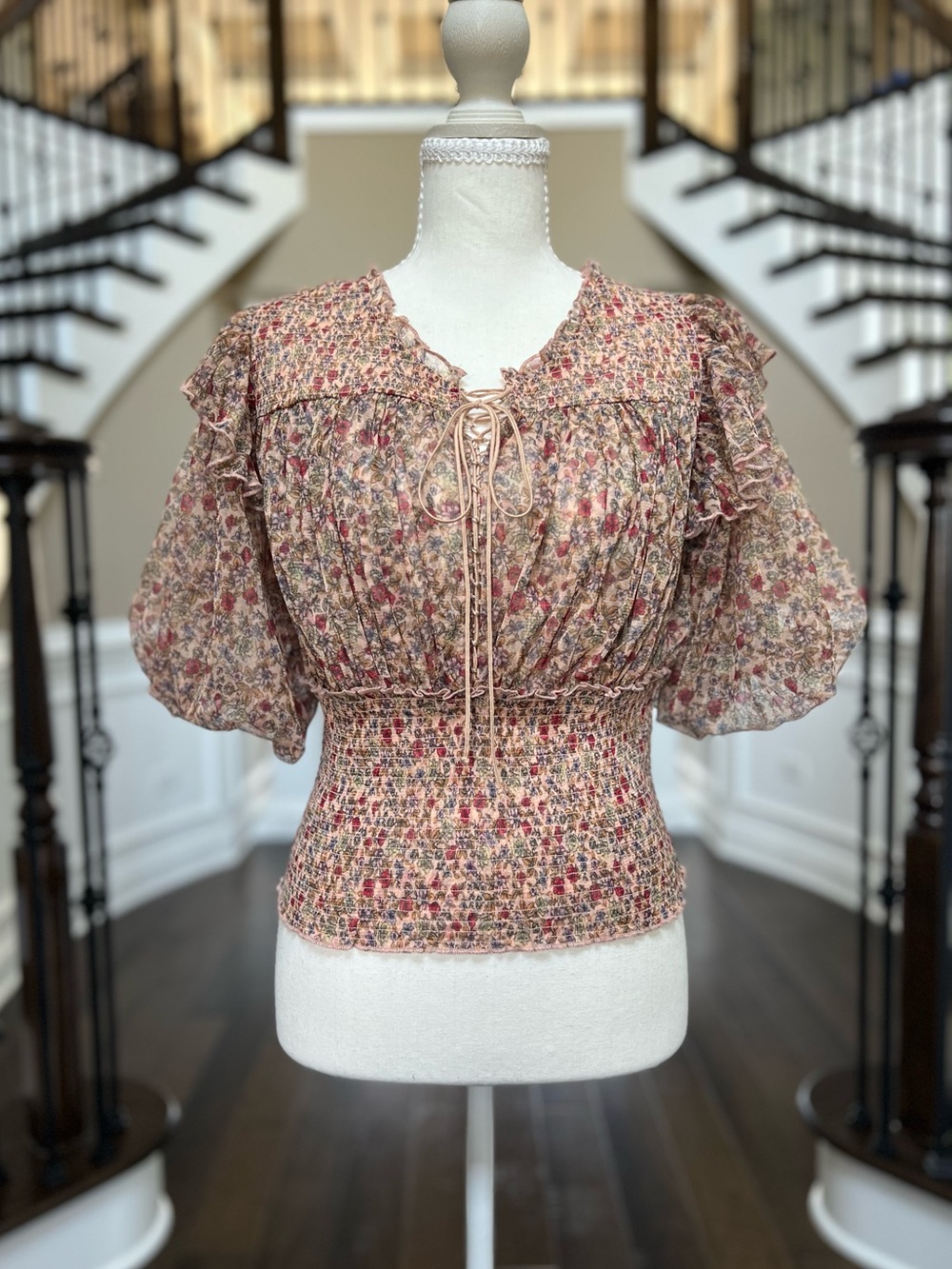 NWT Free People women Blush Red Beige Green Floral Smocked Peasant Top Size M
